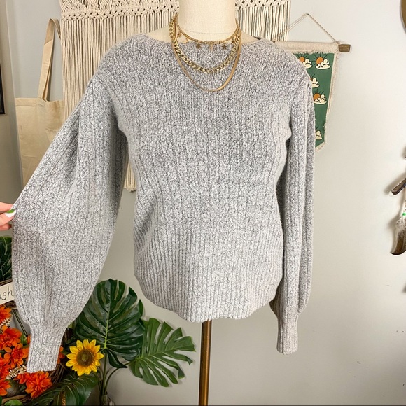 Marled Balloon Sleeve Grey Knit Sweater Size Medium - Picture 1 of 12